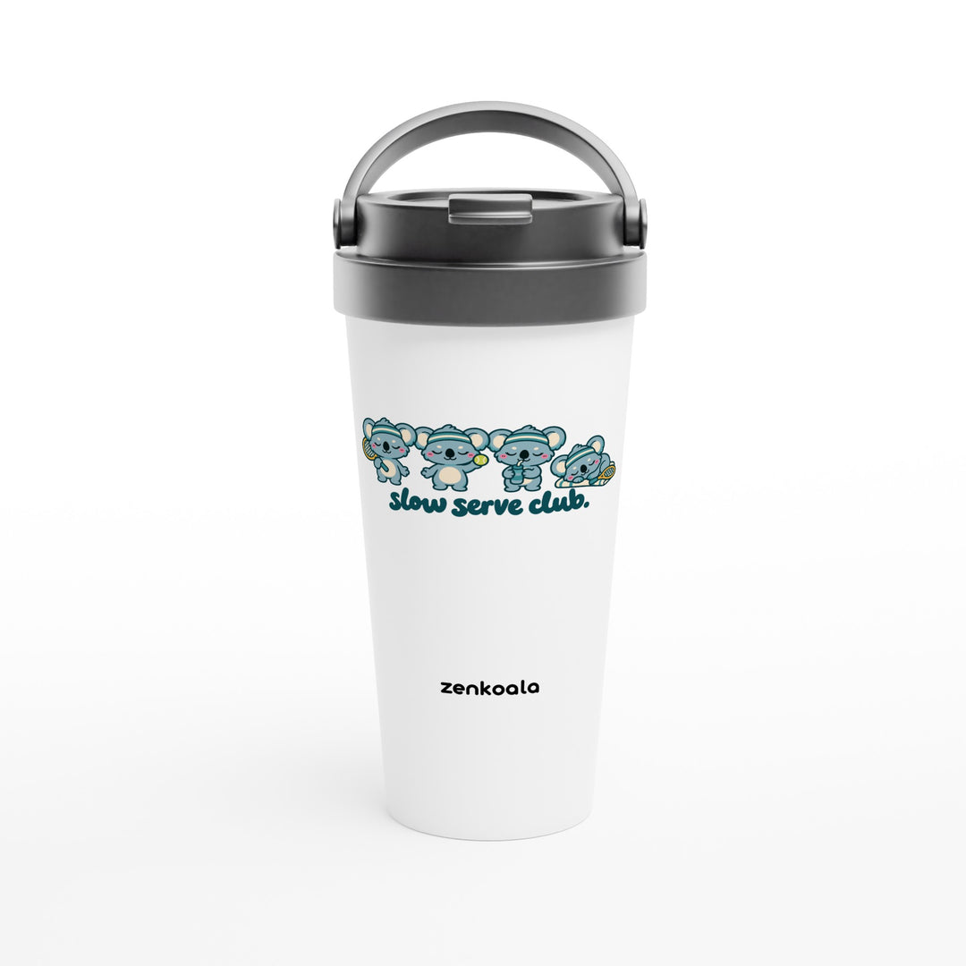 Slow Serve Club feel-good travel mug: four koalas playing tennis slowly, Zen Koala Australia