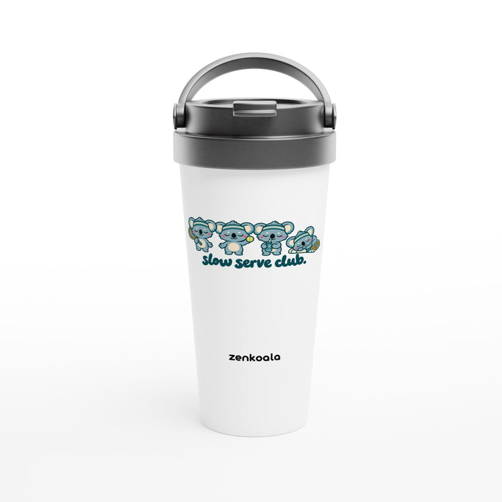 Slow Serve Club feel-good travel mug: four koalas playing tennis slowly, Zen Koala Australia