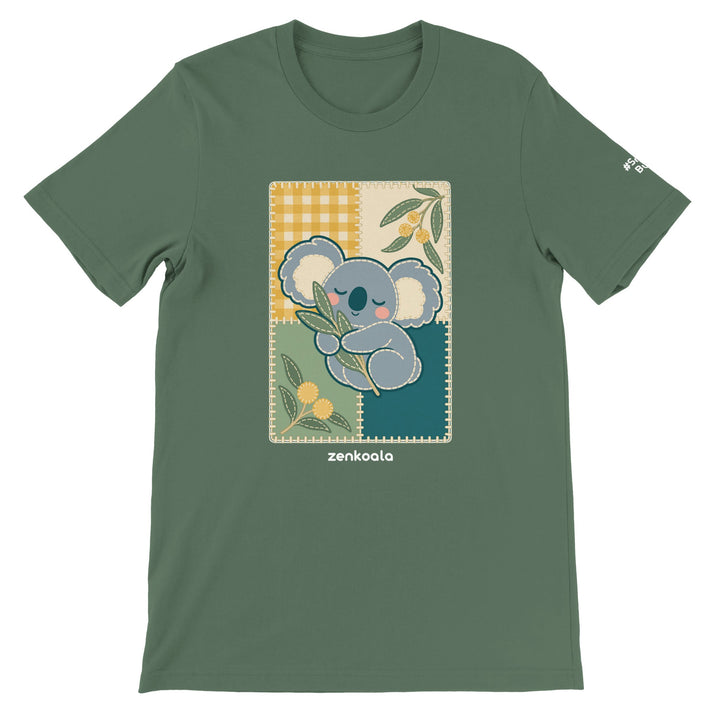Koala Quilt feel-good tee in military green, Zen Koala Australia