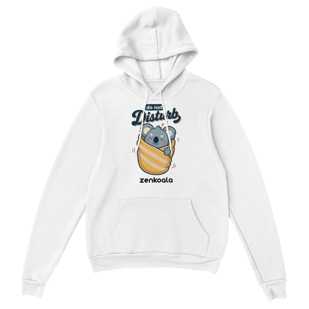 Do Not Disturb Koala feel-good hoodie in White — a sleepy koala snug in a blanket burrito, Zen Koala Australia