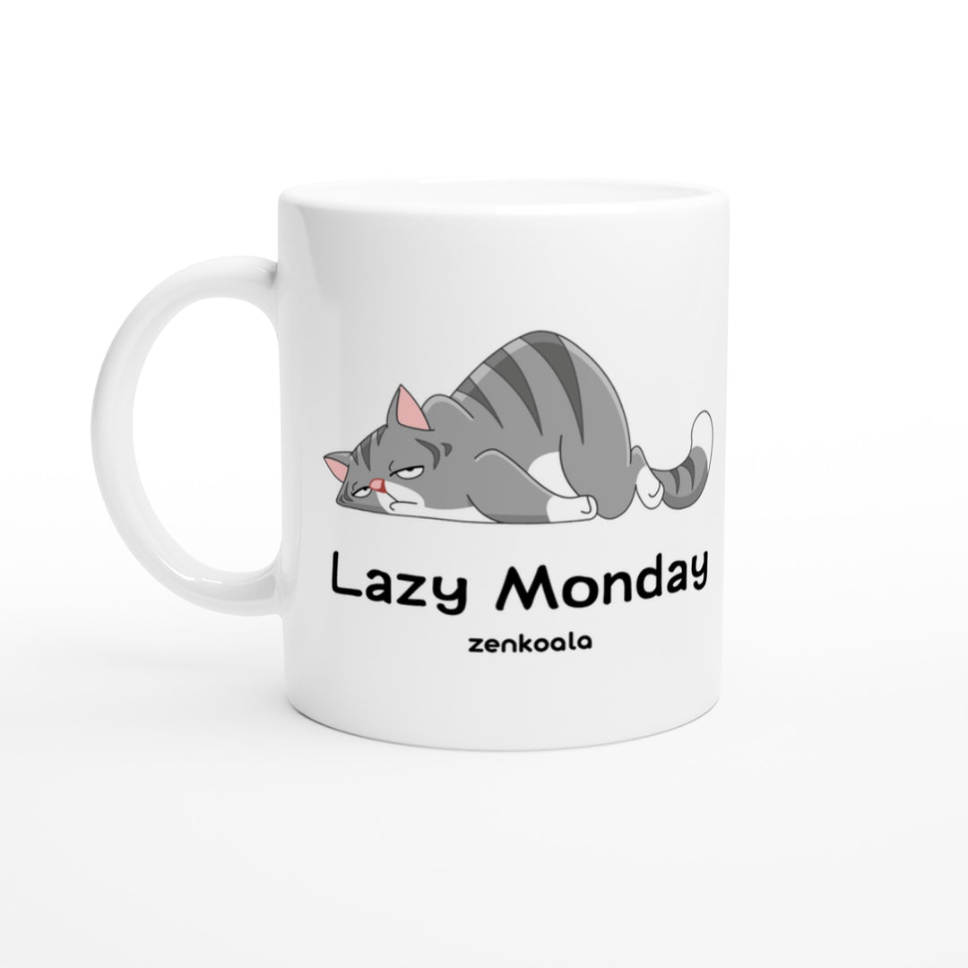 Lazy Monday feel-good mug: a grey tabby flopped flat out, Zen Koala Australia