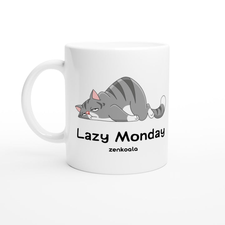 Lazy Monday feel-good mug: a grey tabby flopped flat out, Zen Koala Australia