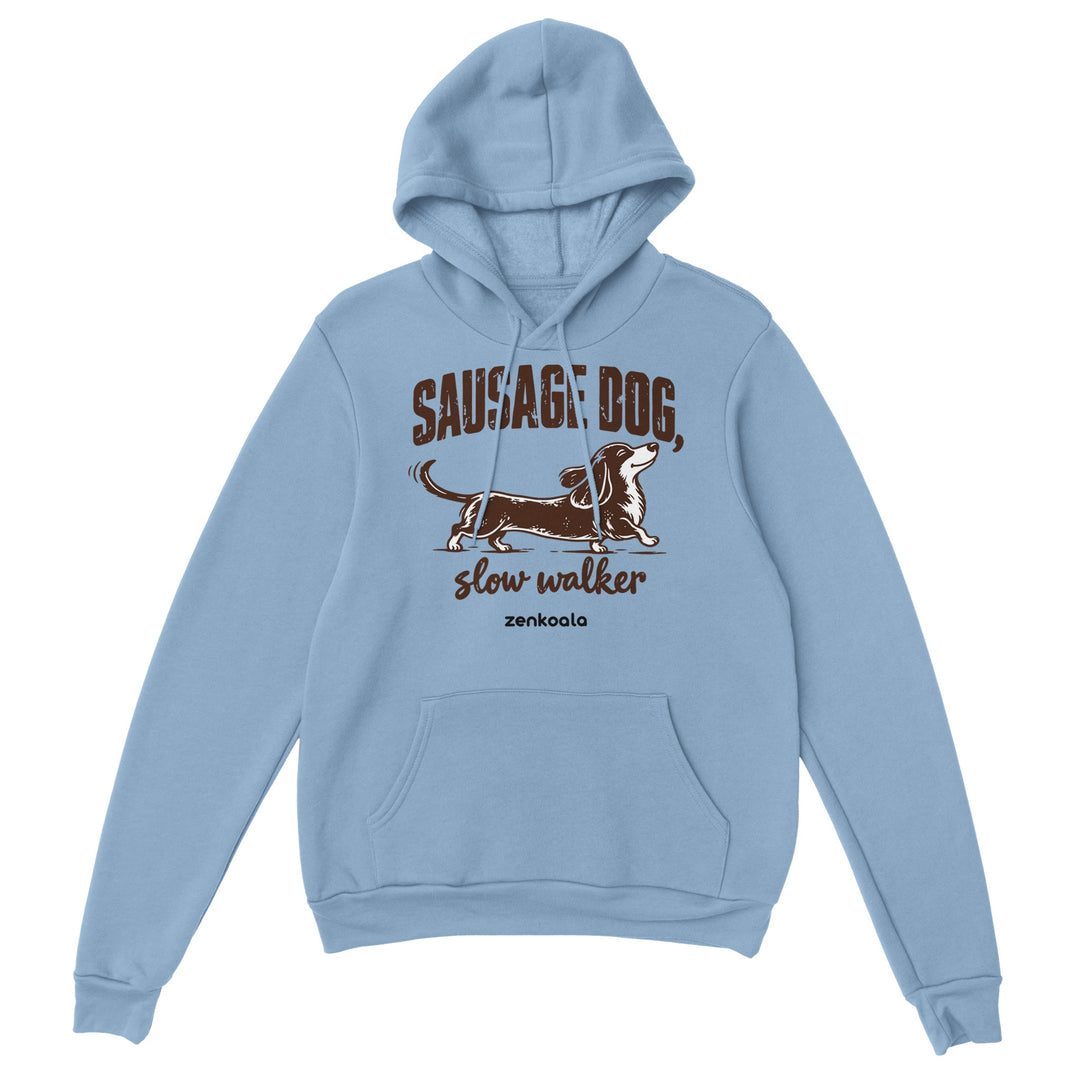 Sausage Dog Slow Walker feel-good hoodie in light blue, Zen Koala Australia