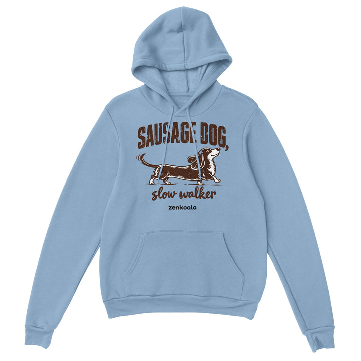 Sausage Dog Slow Walker feel-good hoodie in light blue, Zen Koala Australia