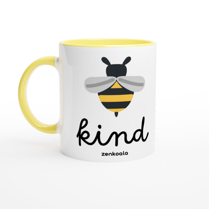 Bee Kind mug in yellow: white with a yellow rim, inside and handle, Zen Koala Australia
