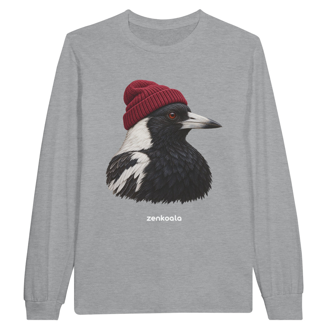 Magpie Beanie feel-good long sleeve tee in sports grey: a magpie in a beanie, Zen Koala Australia