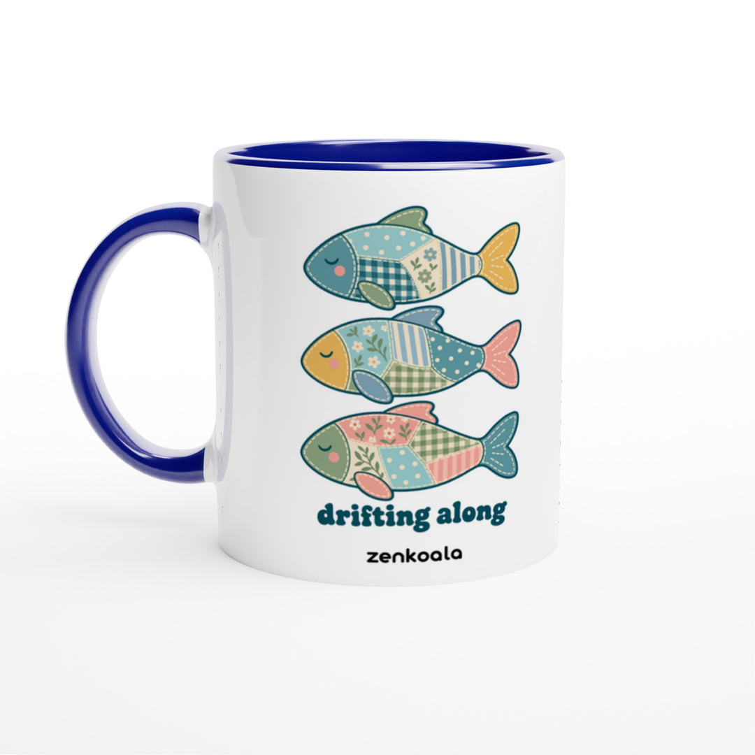 Drifting Along Fish feel-good mug: three faux patchwork fish drifting in a line, Zen Koala Australia