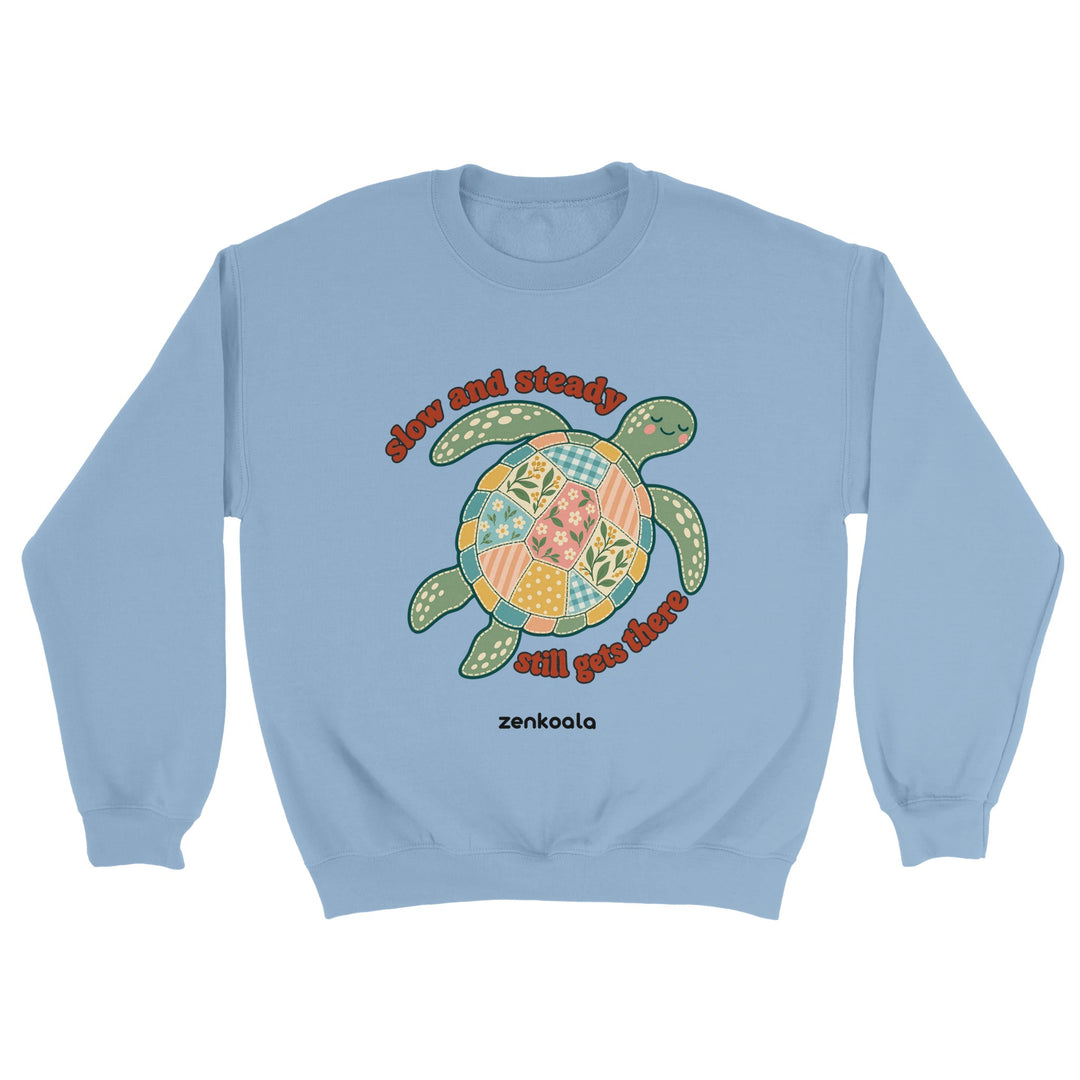 Slow and Steady Turtle feel-good sweatshirt in light blue, Zen Koala Australia