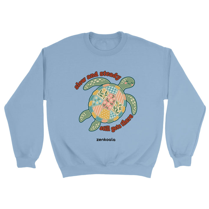 Slow and Steady Turtle feel-good sweatshirt in light blue, Zen Koala Australia