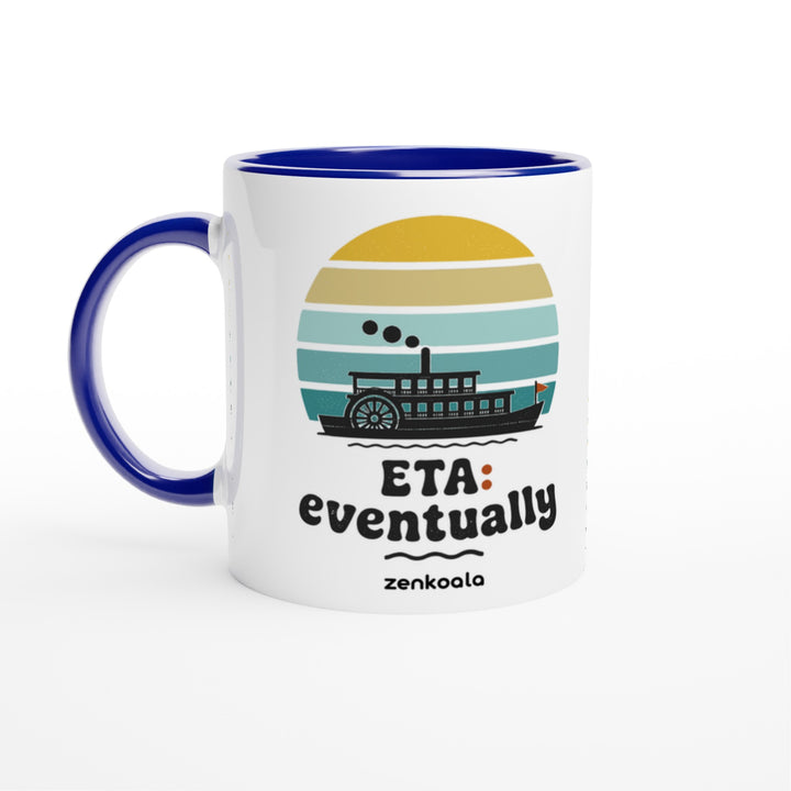 ETA Eventually mug in blue: white with a blue rim, inside and handle, Zen Koala Australia