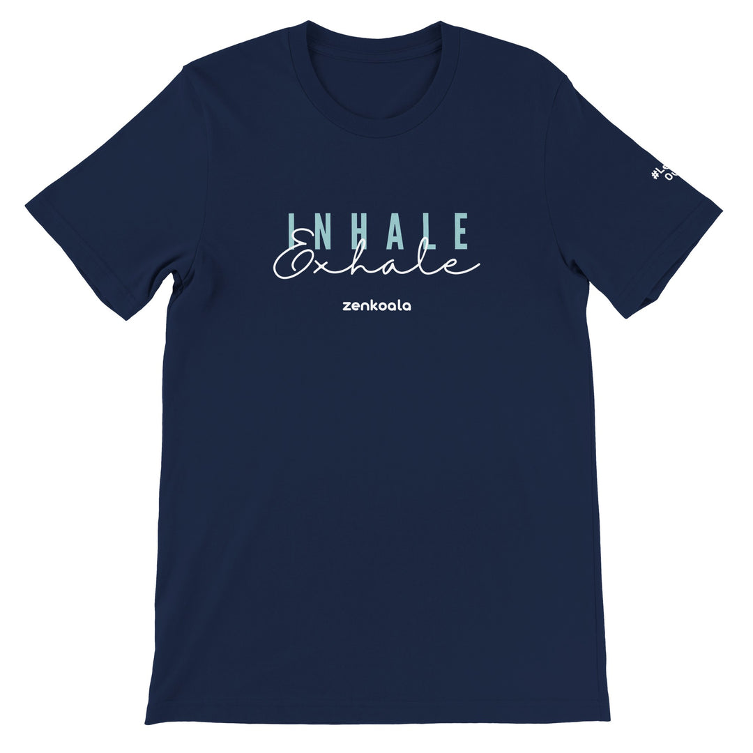 Exhale feel-good tee in navy: inhale and exhale in two kinds of lettering, Zen Koala Australia