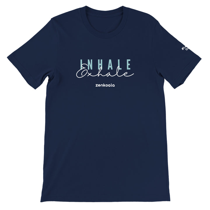 Exhale feel-good tee in navy: inhale and exhale in two kinds of lettering, Zen Koala Australia