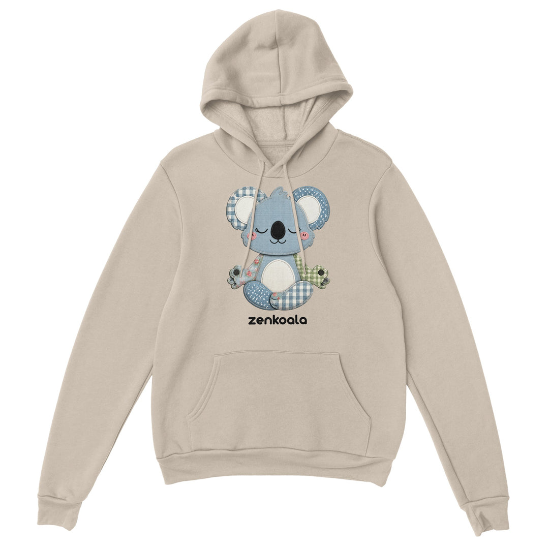 Faux Patchwork Meditating Koala feel-good hoodie in Sand — Zen Koala Australia