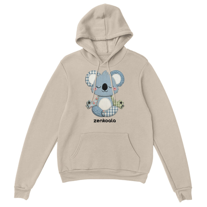 Faux Patchwork Meditating Koala feel-good hoodie in Sand — Zen Koala Australia