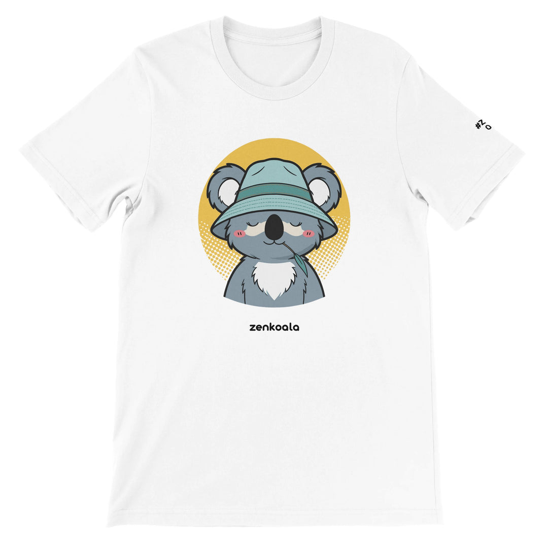Koala Zinc and Bucket Hat feel-good tee in white, Zen Koala Australia
