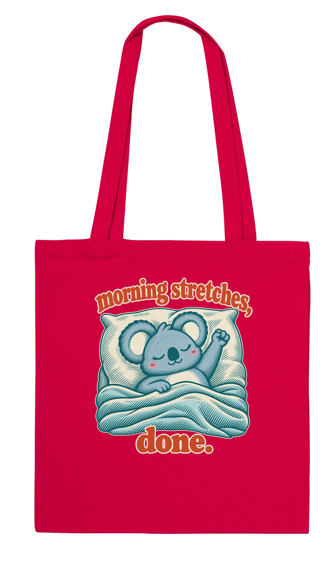 Morning Stretches Done feel-good tote bag in red, Zen Koala Australia