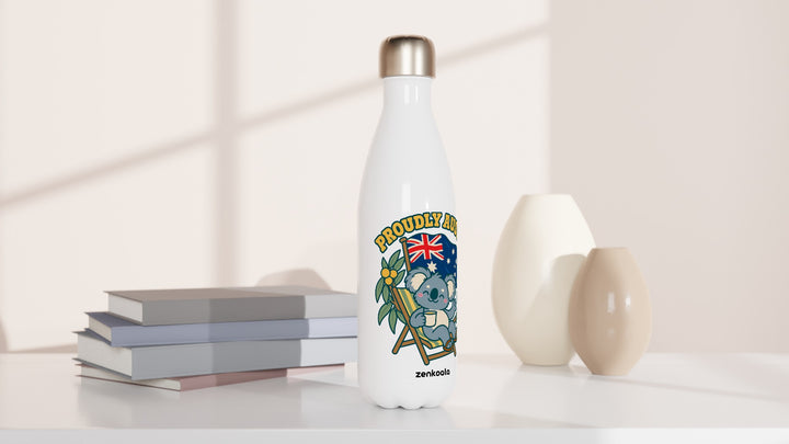Proudly Aussie water bottle beside books and vases, Zen Koala Australia