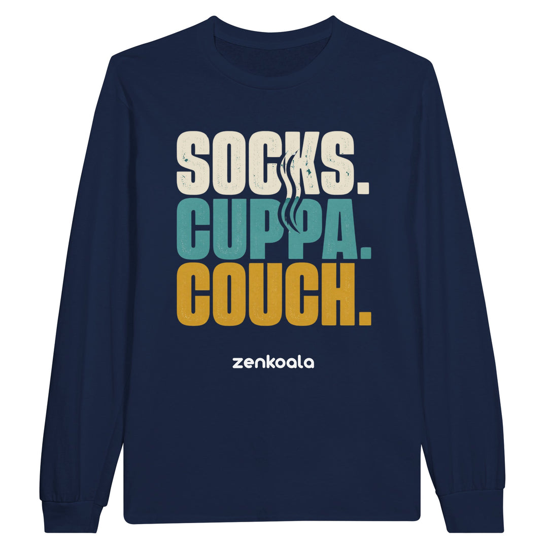 Socks Cuppa Couch long sleeve tee in navy — Zen Koala Australia