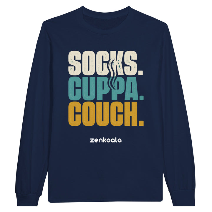 Socks Cuppa Couch long sleeve tee in navy — Zen Koala Australia