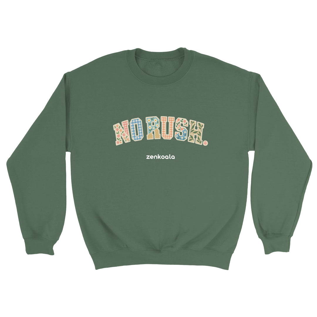 No Rush Faux Patchwork feel-good sweatshirt in military green, Zen Koala Australia