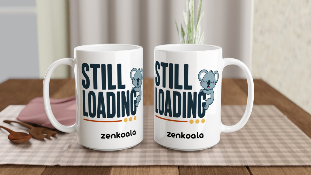 Two Still Loading Koala 15oz mugs on a table, showing both sides of the design, Zen Koala Australia