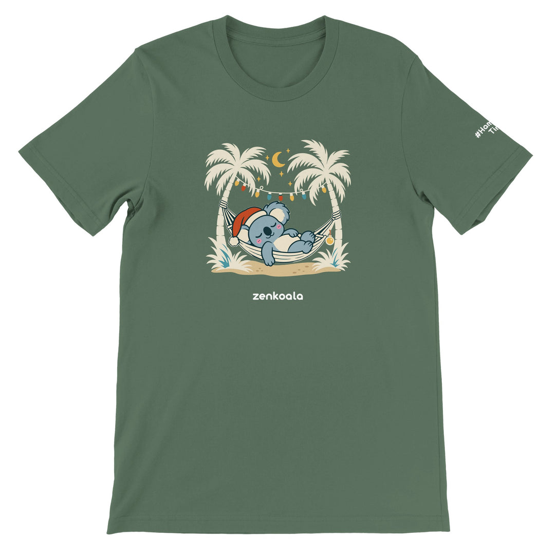 Koala Santa Hammock feel-good tee in military green, Zen Koala Australia