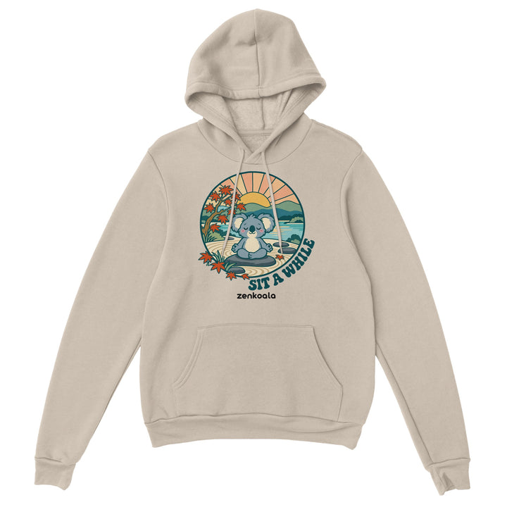 Sit a While feel-good hoodie in sand: a koala meditating in a zen garden, Zen Koala Australia
