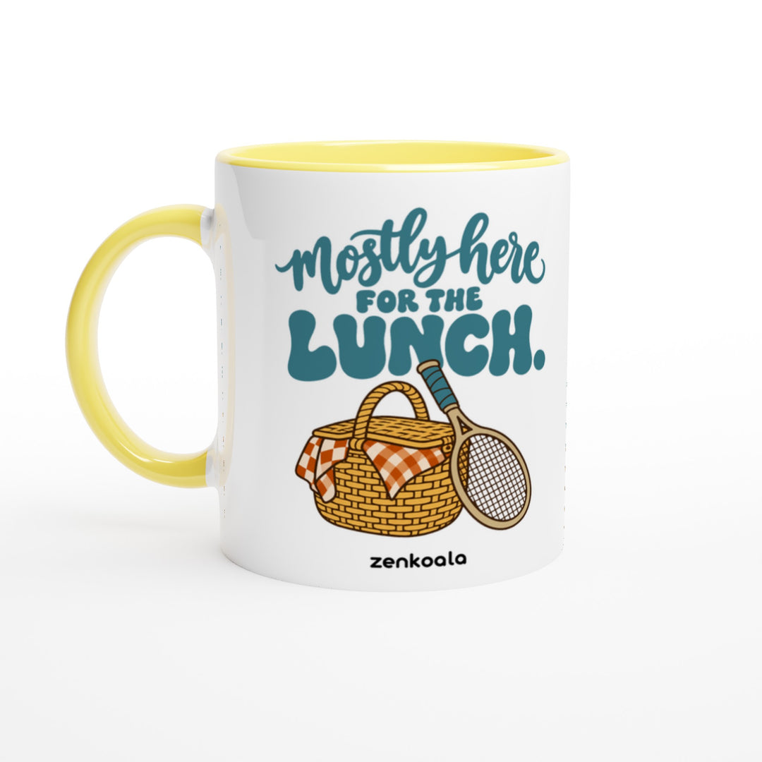 Mostly Here for the Lunch mug in yellow: white with a yellow rim, inside and handle, Zen Koala Australia