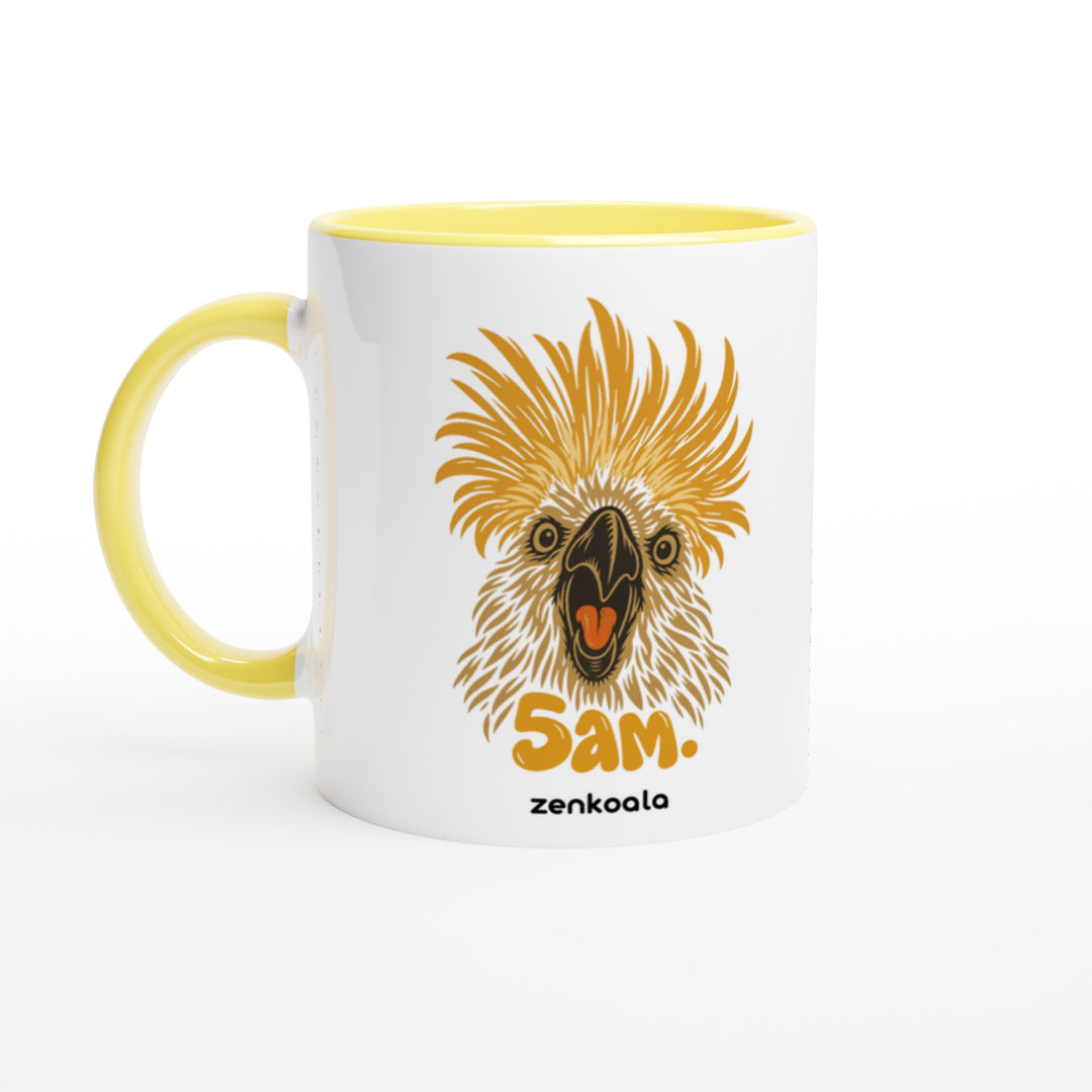 5am mug in yellow: white with a yellow rim, inside and handle, Zen Koala Australia