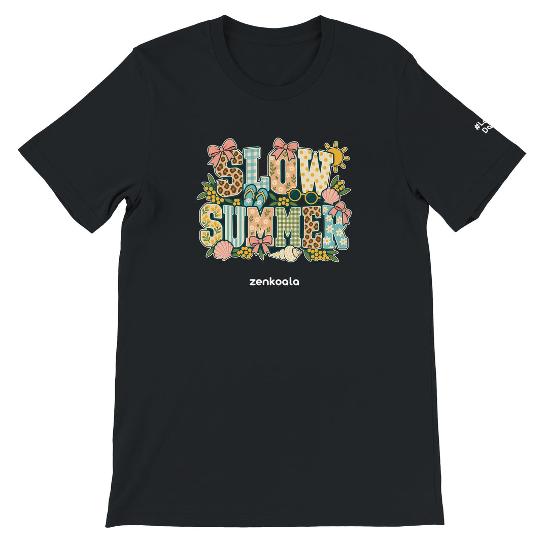 Slow Summer feel-good tee in black, Zen Koala Australia
