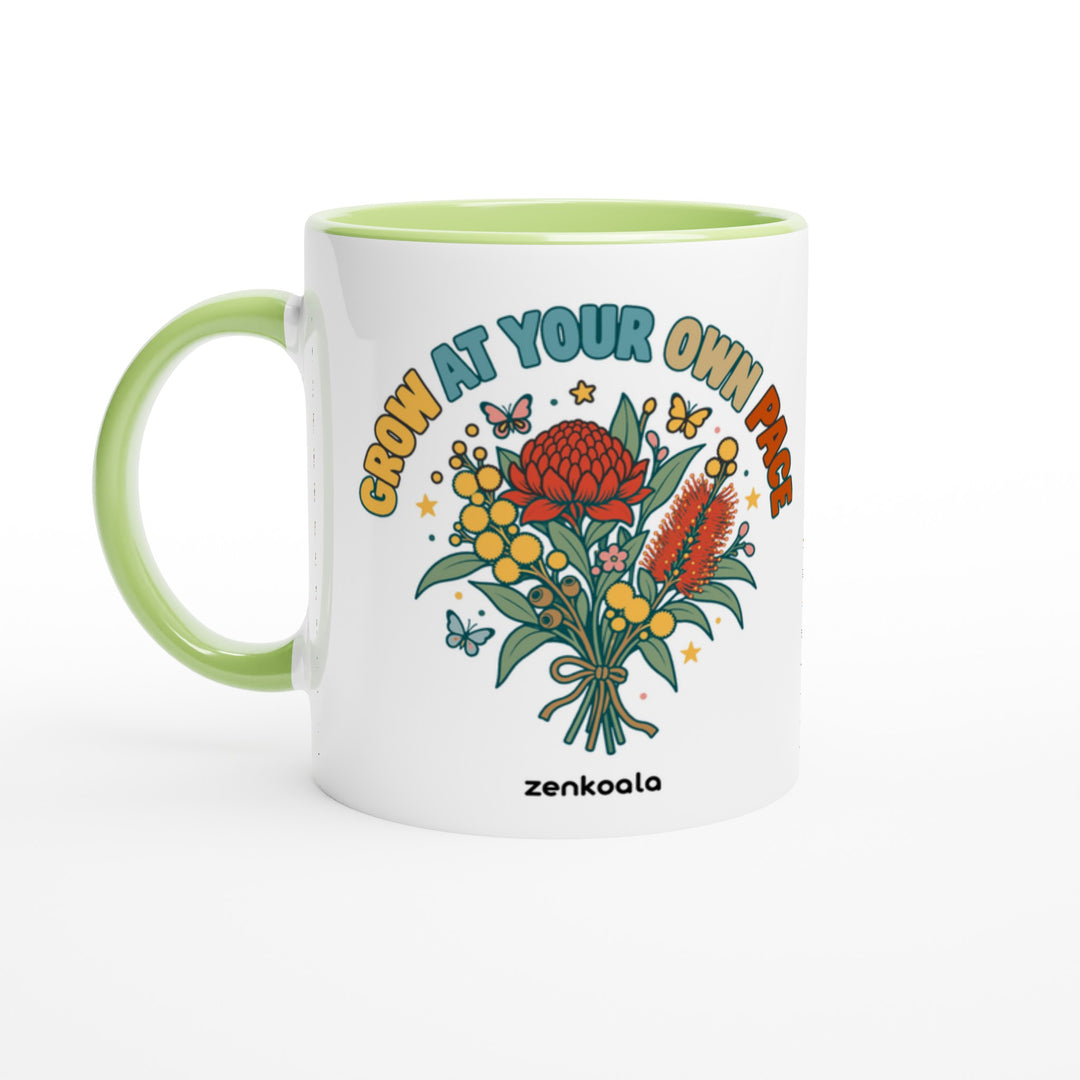 Grow at Your Own Pace feel-good mug: a bouquet of Aussie wildflowers, Zen Koala Australia
