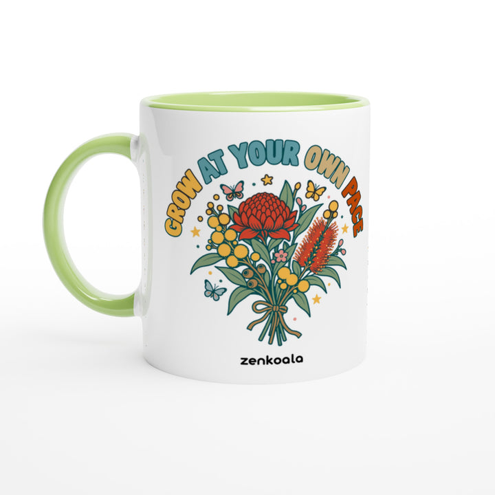 Grow at Your Own Pace feel-good mug: a bouquet of Aussie wildflowers, Zen Koala Australia