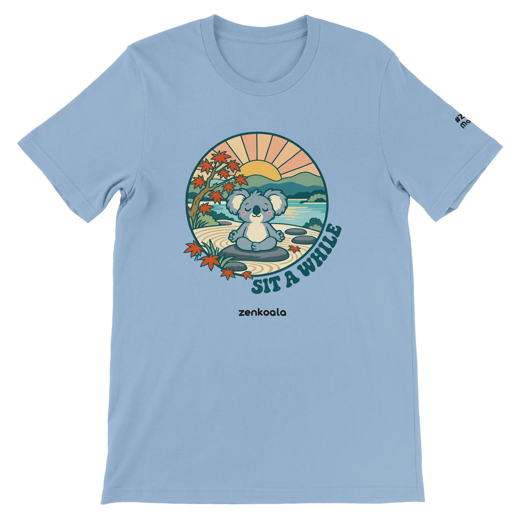 Sit a While feel-good tee in light blue, Zen Koala Australia