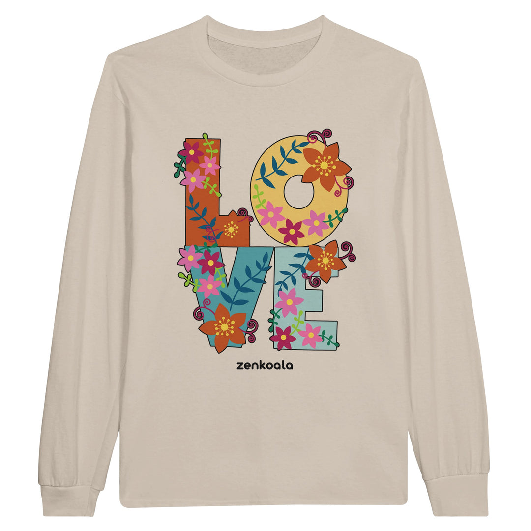 Love feel-good long sleeve tee in sand: love grown out of flowers and leaves, Zen Koala Australia