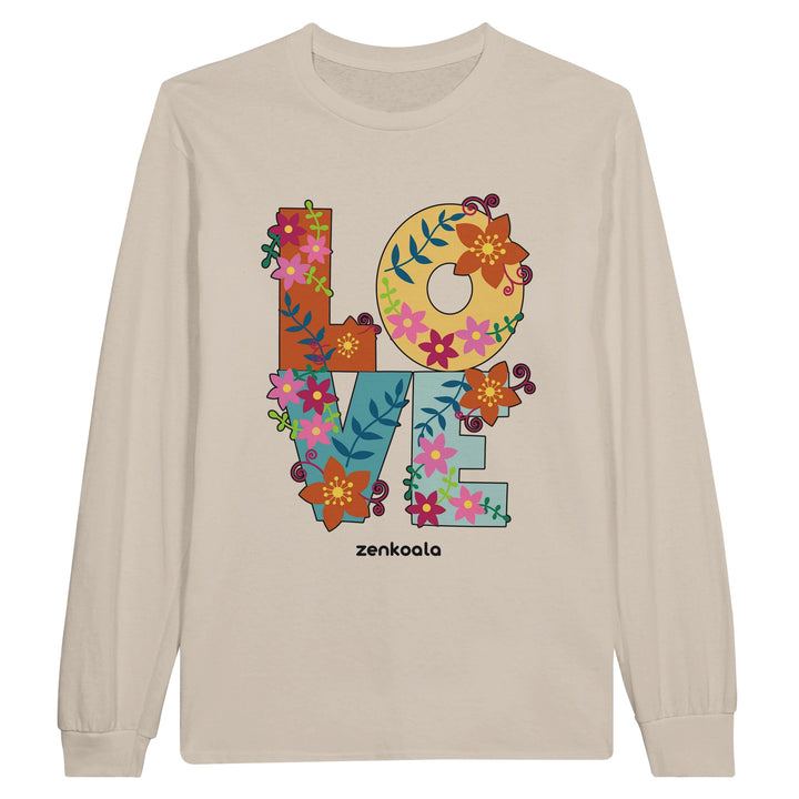 Love feel-good long sleeve tee in sand: love grown out of flowers and leaves, Zen Koala Australia