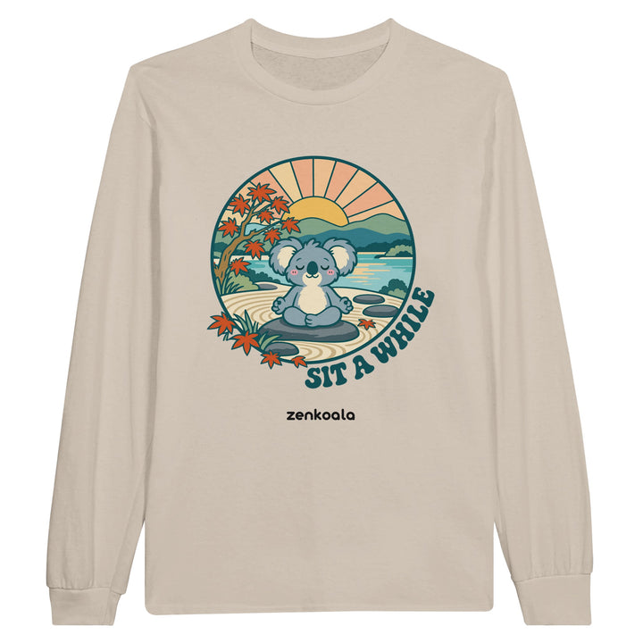Sit a While feel-good long sleeve tee in sand, Zen Koala Australia
