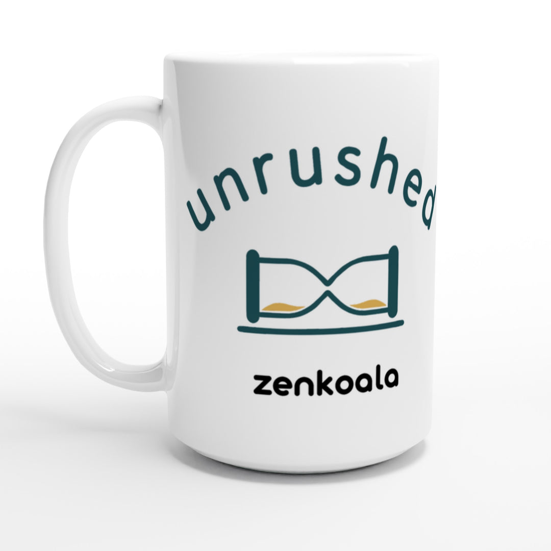 Unrushed feel-good 15oz mug: a minimalist hourglass tipped on its side, Zen Koala Australia