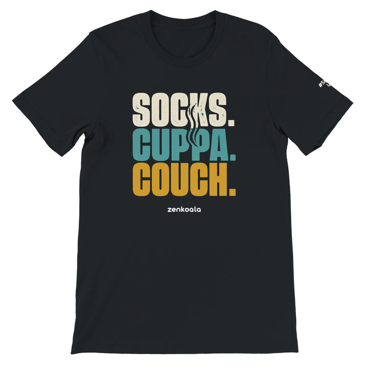 Socks Cuppa Couch feel-good tee in black, Zen Koala Australia