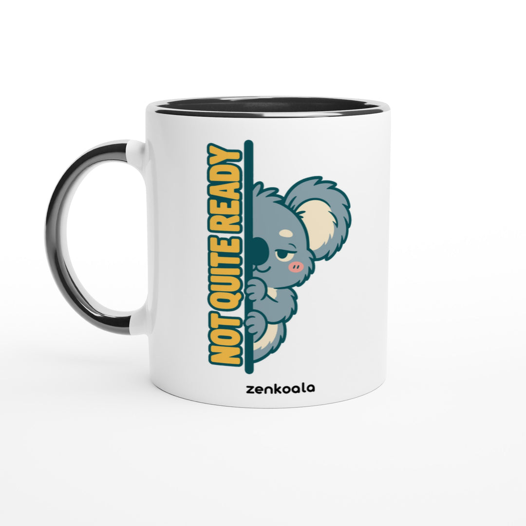 Not Quite Ready mug in black: white with a black rim, inside and handle, Zen Koala Australia