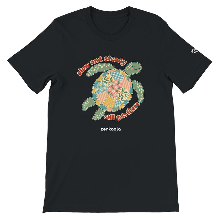 Slow and Steady Turtle feel-good tee in black, Zen Koala Australia