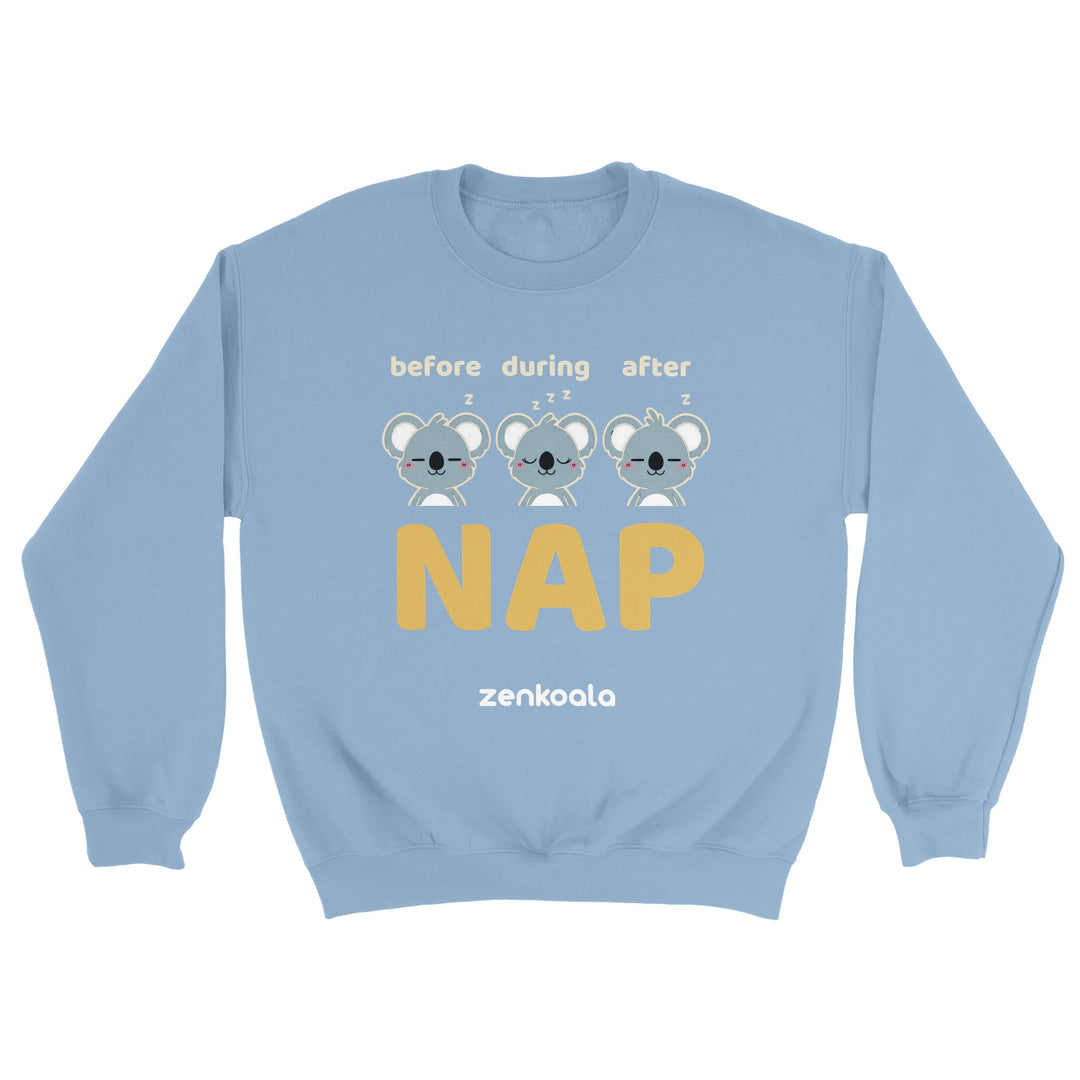 Before Nap Nap After Nap Koala feel-good sweatshirt in Light Blue — Zen Koala Australia