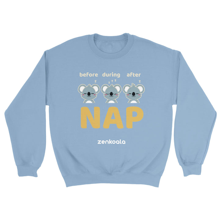 Before Nap Nap After Nap Koala feel-good sweatshirt in Light Blue — Zen Koala Australia
