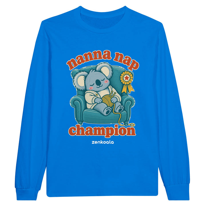 Nanna Nap Champion feel-good long sleeve tee in royal, Zen Koala Australia