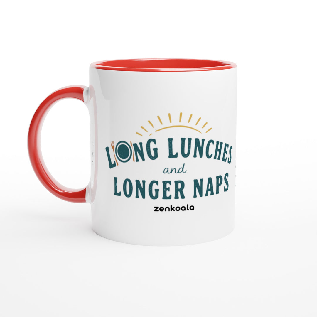 Long Lunches and Longer Naps mug in red: white with a red rim, inside and handle, Zen Koala Australia