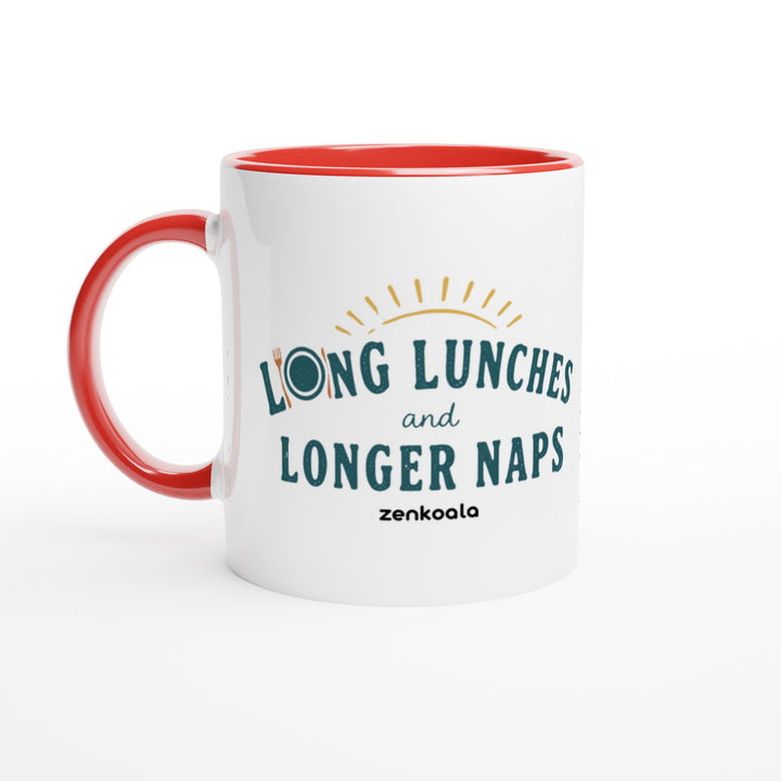 Long Lunches and Longer Naps mug in red: white with a red rim, inside and handle, Zen Koala Australia