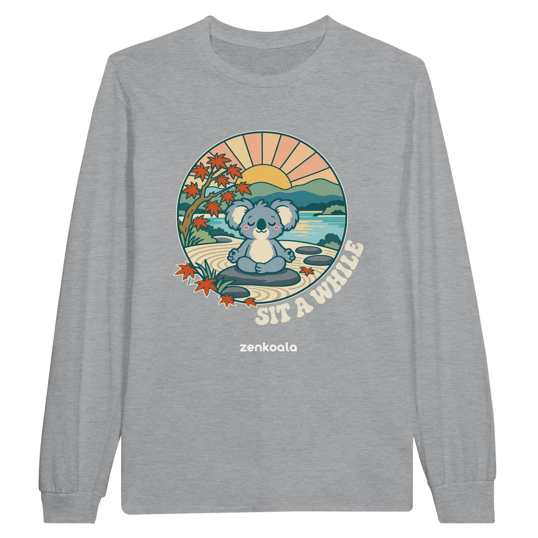 Sit a While feel-good long sleeve tee in sports grey, Zen Koala Australia