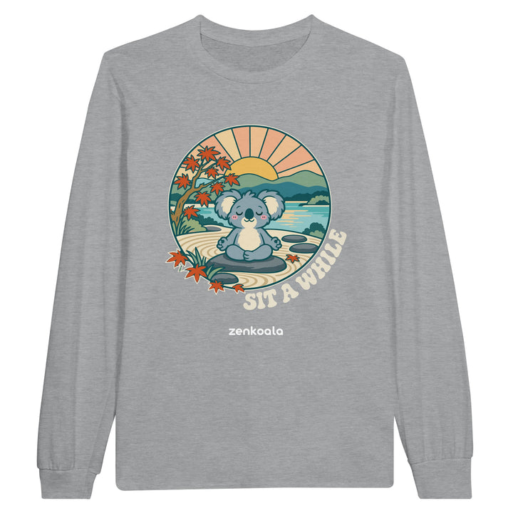 Sit a While feel-good long sleeve tee in sports grey, Zen Koala Australia