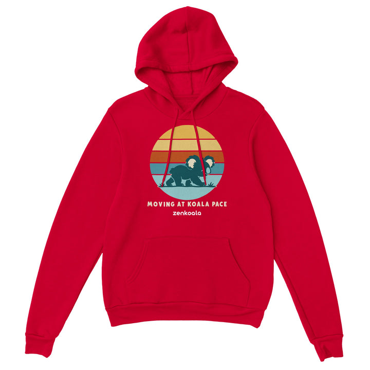 Moving at Koala Pace feel-good hoodie in red, Zen Koala Australia