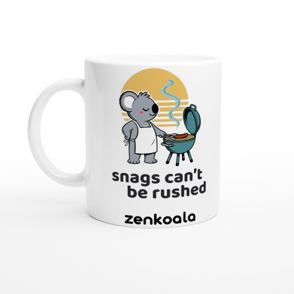 Snags Can't Be Rushed Koala BBQ mug in all white, Zen Koala Australia