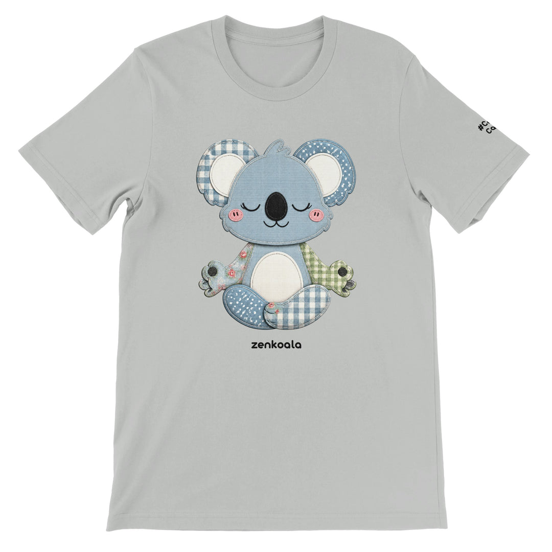 Faux Patchwork Meditating Koala feel-good tee in silver, Zen Koala Australia